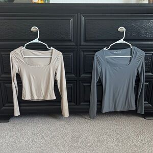 Abercrombie and Fitch Square Neck Long-Sleeve Top — Taupe and Charcoal